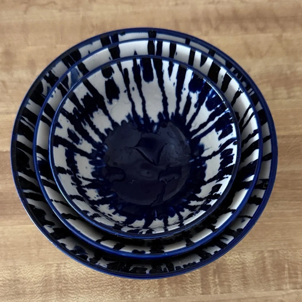 West Elm Indigo and White Ceramic Bowl Trio